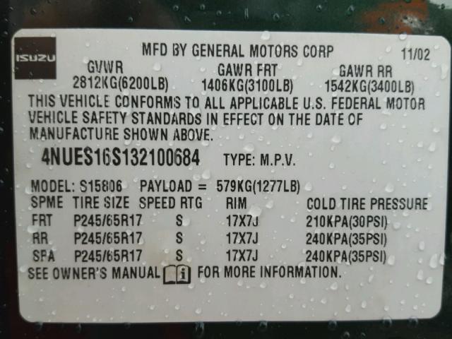 4NUES16S132100684 - 2003 ISUZU ASCENDER S 绿色 照片 10