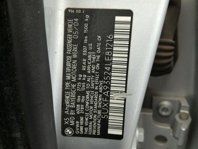 5UXFA93524LE81216 - 2004 BMW X5 4.8IS SILVER photo 10