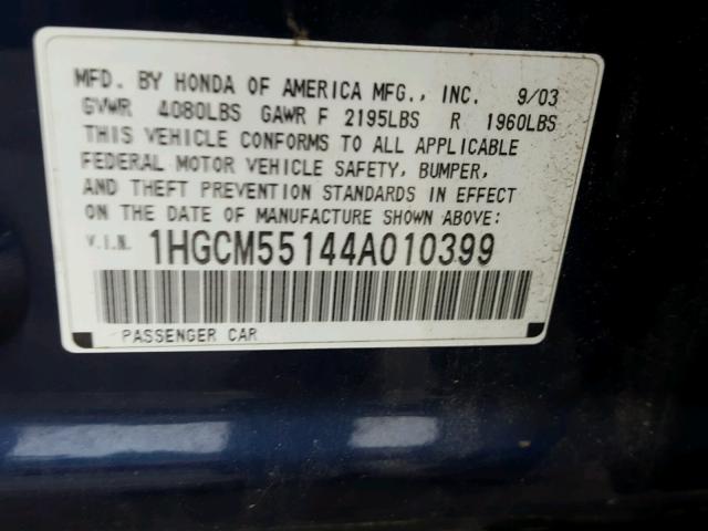 1HGCM55144A010399 - 2004 HONDA ACCORD DX BLUE photo 10