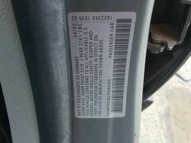 WVWPD63B22P446325 - 2002 VOLKSWAGEN PASSAT GLS GRAY photo 10