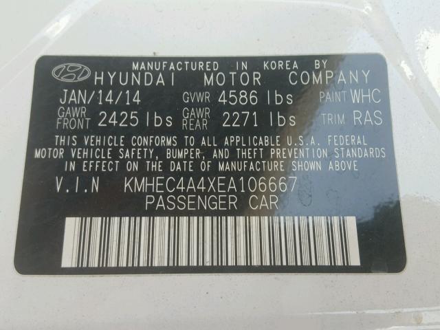 KMHEC4A4XEA106667 - 2014 HYUNDAI SONATA HYB WHITE photo 10