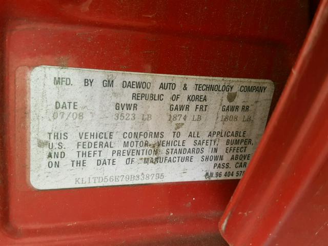 KL1TD56E79B338795 - 2009 CHEVROLET AVEO LS RED photo 10