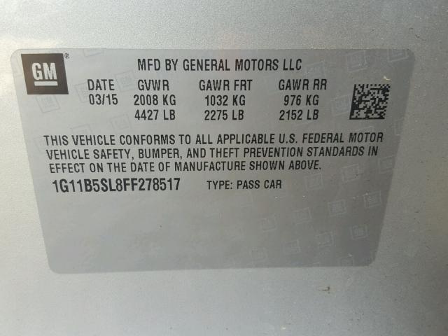 1G11B5SL8FF278517 - 2015 CHEVROLET MALIBU LS ვერცხლისფერი ფოტო 10