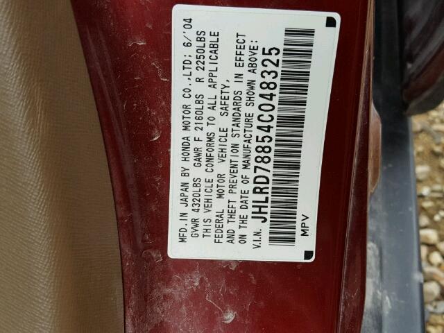 JHLRD78854C048325 - 2004 HONDA CR-V EX BURGUNDY photo 10