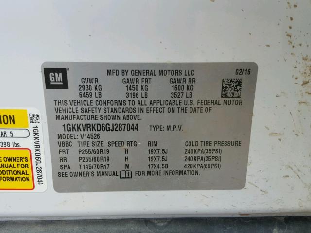 1GKKVRKD6GJ287044 - 2016 GMC ACADIA SLT თეთრი ფოტო 10