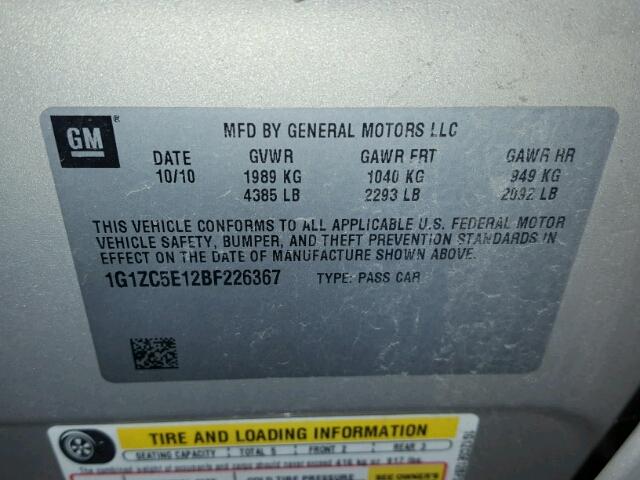 1G1ZC5E12BF226367 - 2011 CHEVROLET MALIBU 1LT GOLD photo 10