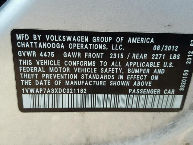 1VWAP7A3XDC021182 - 2013 VOLKSWAGEN PASSAT S SILVER photo 10