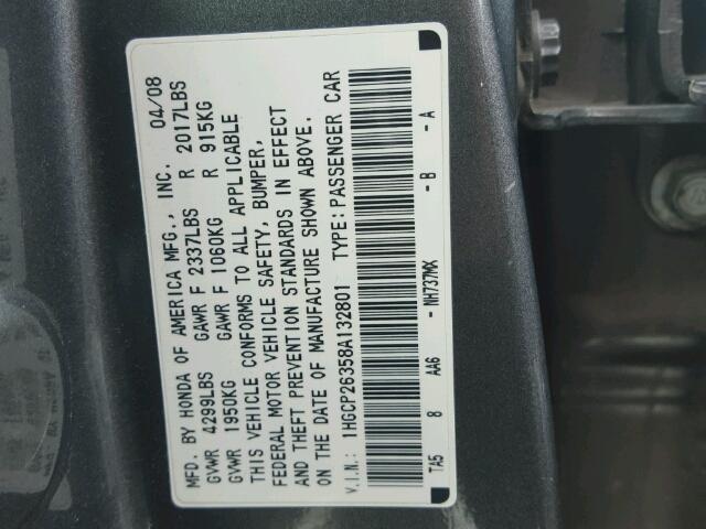 1HGCP26358A132801 - 2008 HONDA ACCORD LX GRAY photo 10