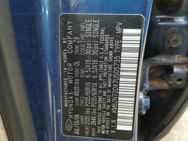 KM8JN72DX7U505735 - 2007 HYUNDAI TUCSON SE BLUE photo 10