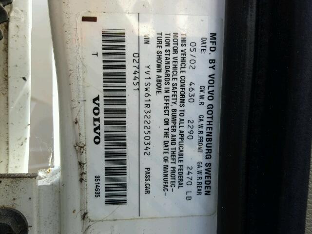 YV1SW61R322250342 - 2002 VOLVO V70 أبيض صورة 10