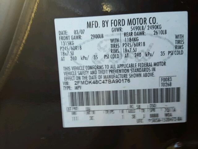 2FMDK48C47BA90176 - 2007 FORD EDGE SEL BLACK photo 10