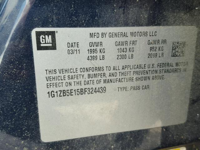 1G1ZB5E15BF324439 - 2011 CHEVROLET MALIBU LS ლურჯი ფოტო 10