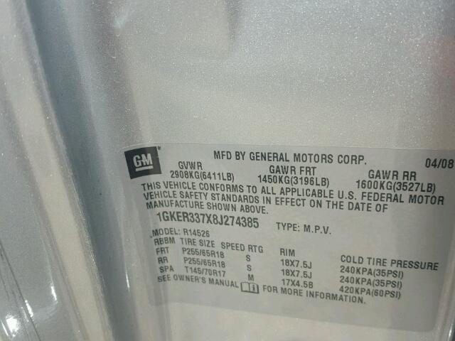 1GKER337X8J274385 - 2008 GMC ACADIA SLT Gümüş foto 10