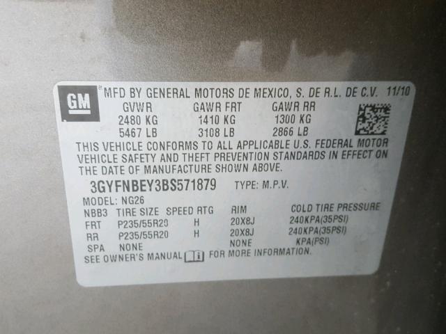 3GYFNBEY3BS571879 - 2011 CADILLAC SRX PERFOR 棕色 照片 10