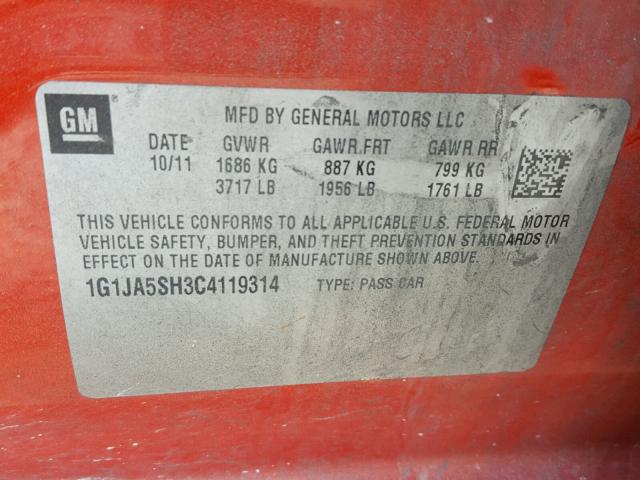 1G1JA5SH3C4119314 - 2012 CHEVROLET SONIC LS 橙色 照片 10