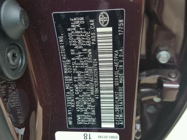 4T1BK1EB0JU287624 - 2018 TOYOTA AVALON XLE MAROON photo 10