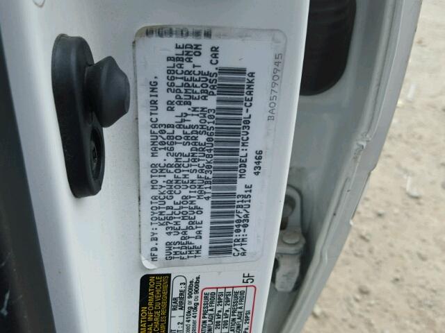4T1BF30K84U065103 - 2004 TOYOTA CAMRY LE 白色 照片 10