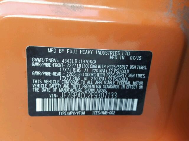 JF2GPACC2F9307133 - 2015 SUBARU XV CROSSTR ORANGE photo 10