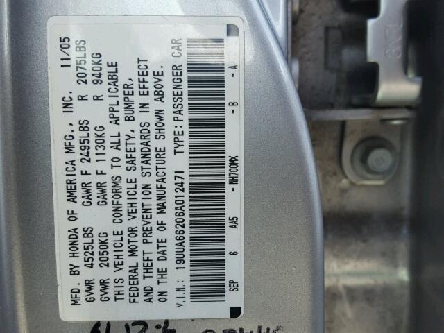 19UUA66206A012471 - 2006 ACURA 3.2TL GRAY photo 10