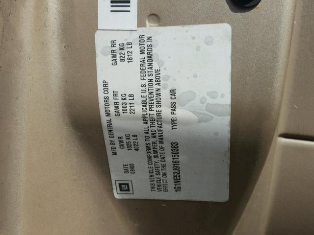 1G1NE52J916150383 - 2001 CHEVROLET MALIBU LS GOLD photo 10