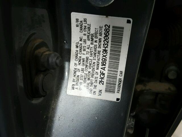 2HGFA169X9H320682 - 2009 HONDA CIVIC EXL ნაცრისფერი ფოტო 10