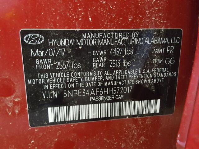 5NPE34AF6HH572017 - 2017 HYUNDAI SONATA SPO RED photo 10