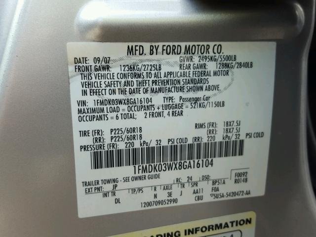 1FMDK03WX8GA16104 - 2008 FORD TAURUS X L SILVER photo 10