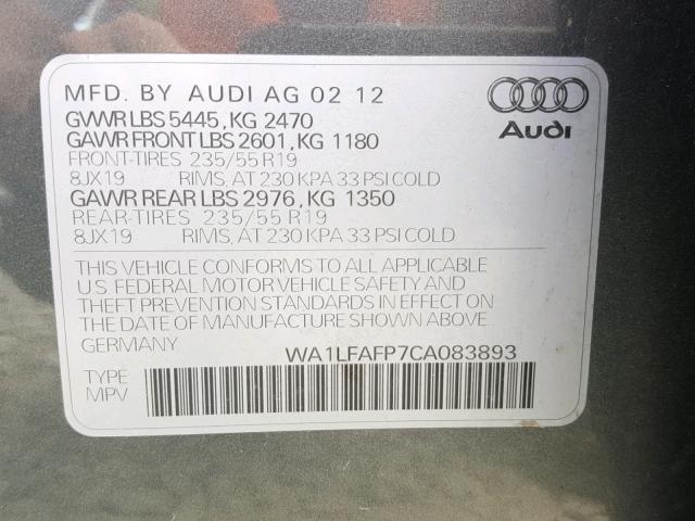 WA1LFAFP7CA083893 - 2012 AUDI Q5 PREMIUM CHARCOAL photo 10