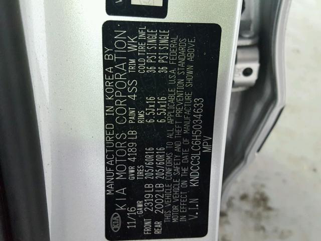 KNDCC3LC6H5034633 - 2017 KIA NIRO EX SILVER photo 10