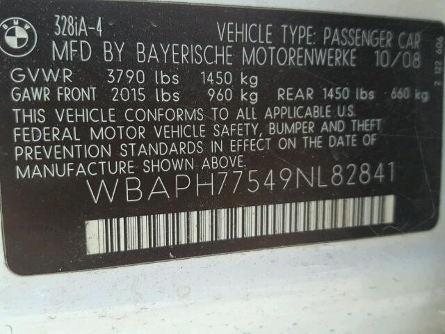 WBAPH77549NL82841 - 2009 BMW 328I WHITE photo 10