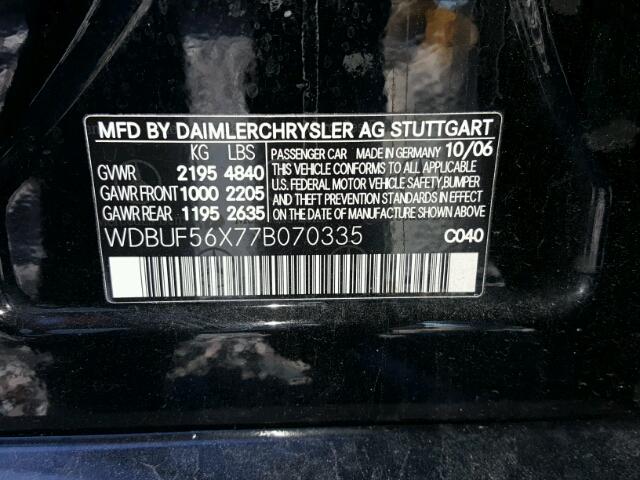 WDBUF56X77B070335 - 2007 MERCEDES-BENZ E350 BLACK photo 10