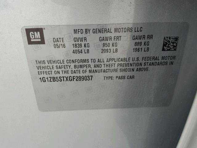 1G1ZB5STXGF289037 - 2016 CHEVROLET MALIBU LS 银色 照片 10