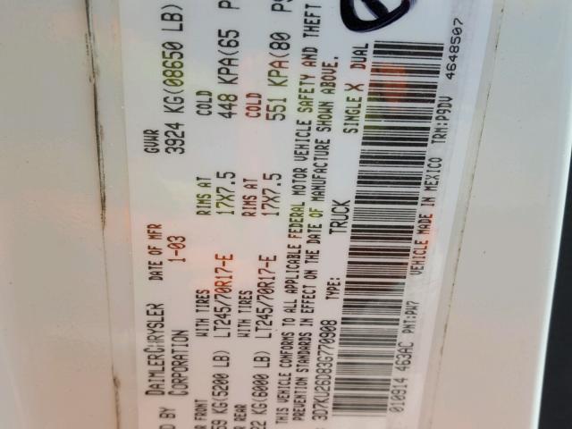 3D7KU26D83G770908 - 2003 DODGE RAM 2500 S WHITE photo 10