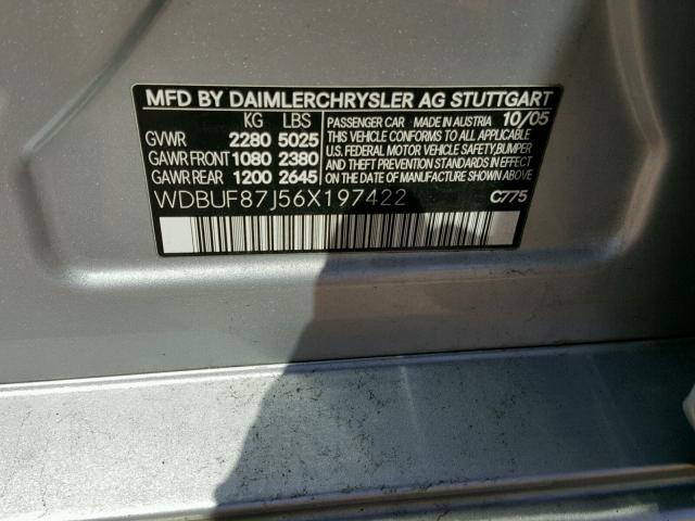 WDBUF87J56X197422 - 2006 MERCEDES-BENZ E 350 4MAT SILVER photo 10