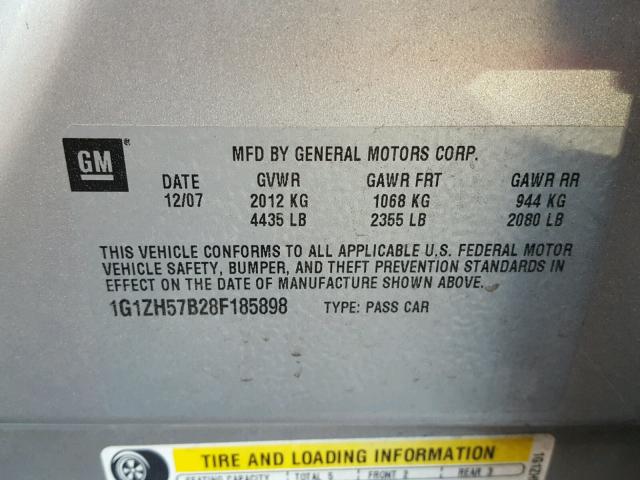 1G1ZH57B28F185898 - 2008 CHEVROLET MALIBU 1LT 银色 照片 10