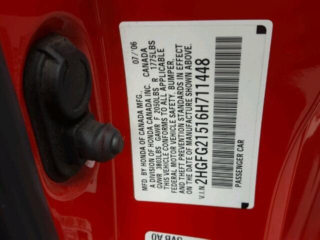 2HGFG21516H711448 - 2006 HONDA CIVIC SI RED photo 10