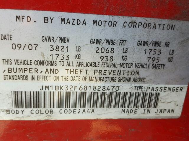 JM1BK32F681828470 - 2008 MAZDA 3 I RED photo 10