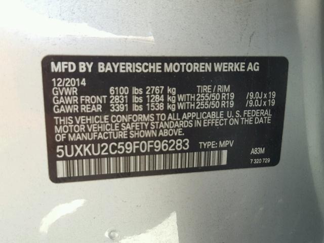 5UXKU2C59F0F96283 - 2015 BMW X6 XDRIVE3 SILVER photo 10