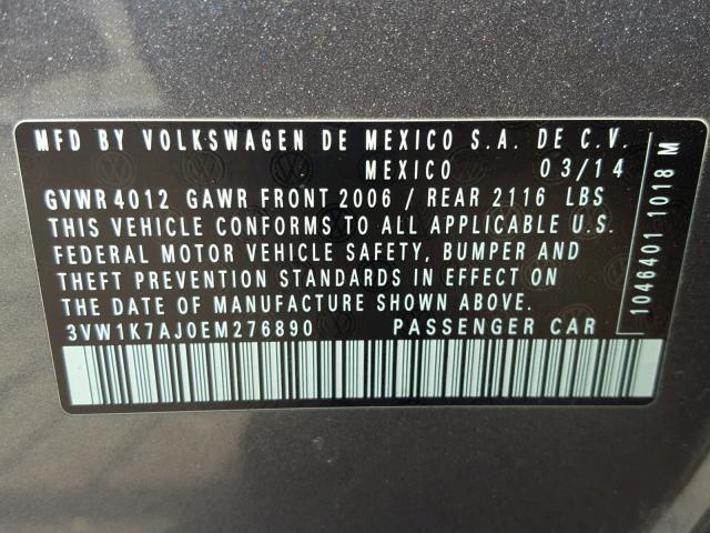 3VW1K7AJ0EM276890 - 2014 VOLKSWAGEN JETTA BASE 灰色 照片 10
