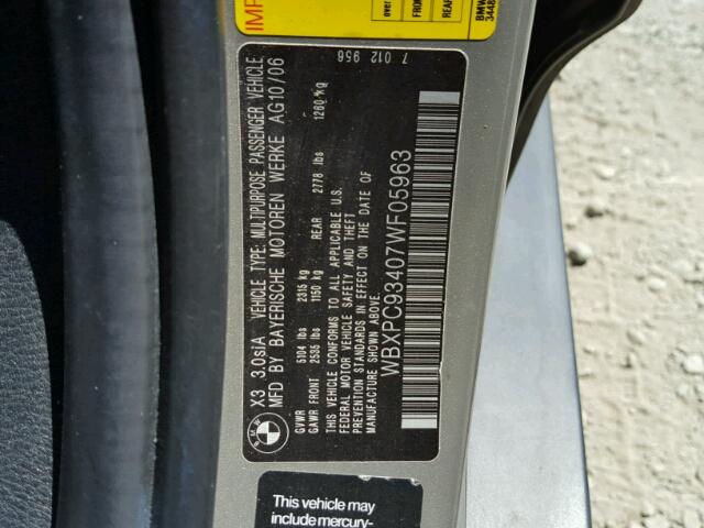 WBXPC93407WF05963 - 2007 BMW X3 3.0SI CHARCOAL photo 10