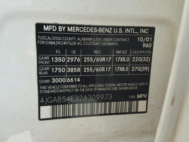 4JGAB54E32A309973 - 2002 MERCEDES-BENZ ML 320 WHITE photo 10