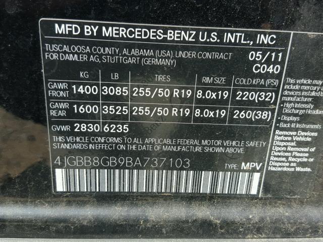 4JGBB8GB9BA737103 - 2011 MERCEDES-BENZ ML 350 4MA BLACK photo 10