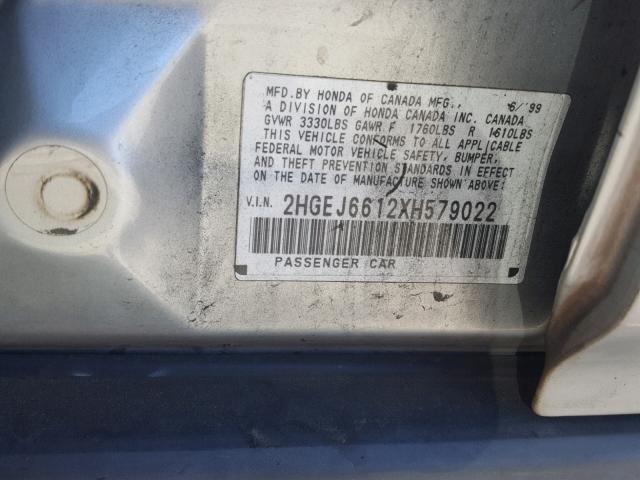2HGEJ6612XH579022 - 1999 HONDA CIVIC BASE SILVER photo 10