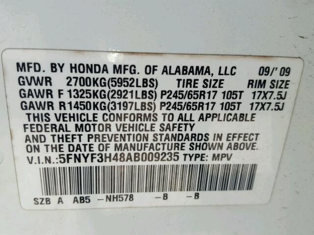 5FNYF3H48AB009235 - 2010 HONDA PILOT EX WHITE photo 10