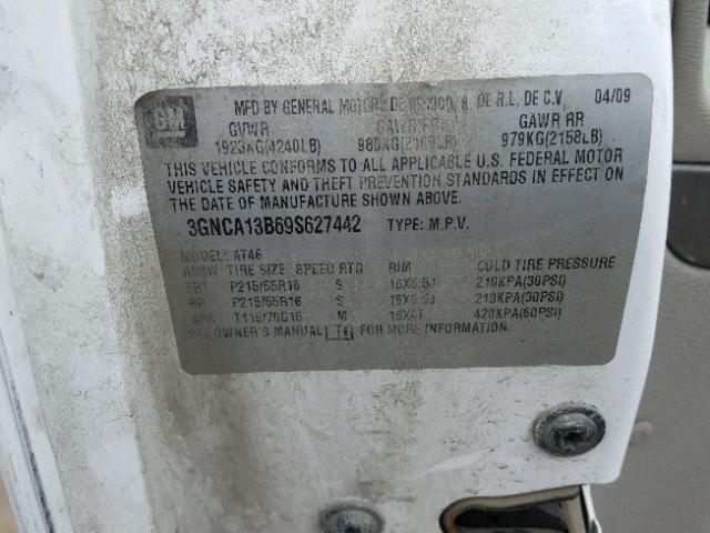 3GNCA13B69S627442 - 2009 CHEVROLET HHR LS WHITE photo 10