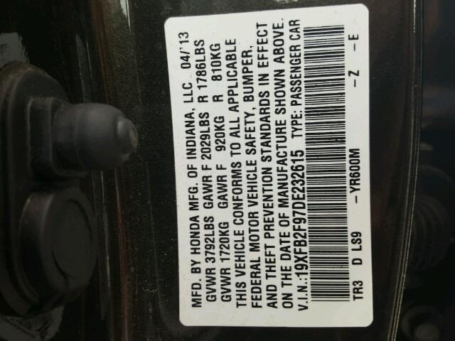 19XFB2F97DE232615 - 2013 HONDA CIVIC EXL BLACK photo 10