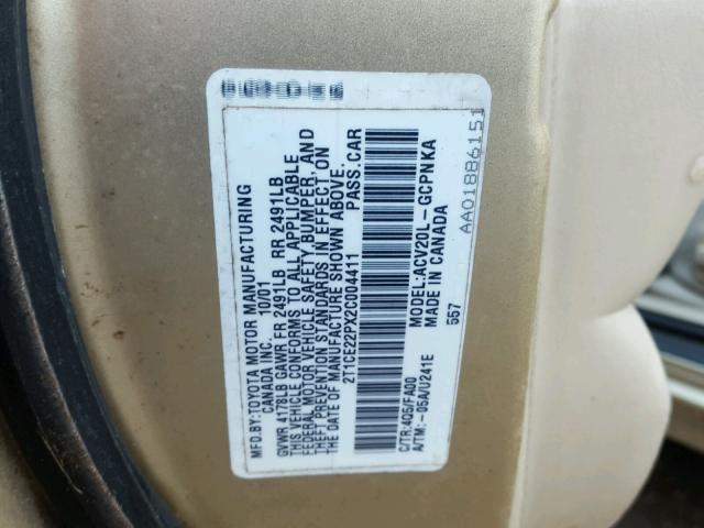 2T1CE22PX2C004411 - 2002 TOYOTA CAMRY SOLA GOLD photo 10