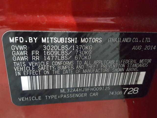 ML32A4HJ9FH009125 - 2015 MITSUBISHI MIRAGE ES RED photo 10