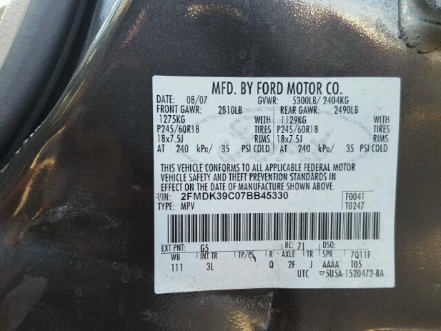 2FMDK39C07BB45330 - 2007 FORD EDGE SEL P CHARCOAL photo 10