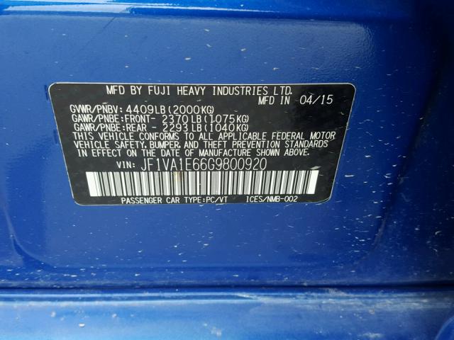 JF1VA1E66G9800920 - 2016 SUBARU WRX PREMIU BLUE photo 10